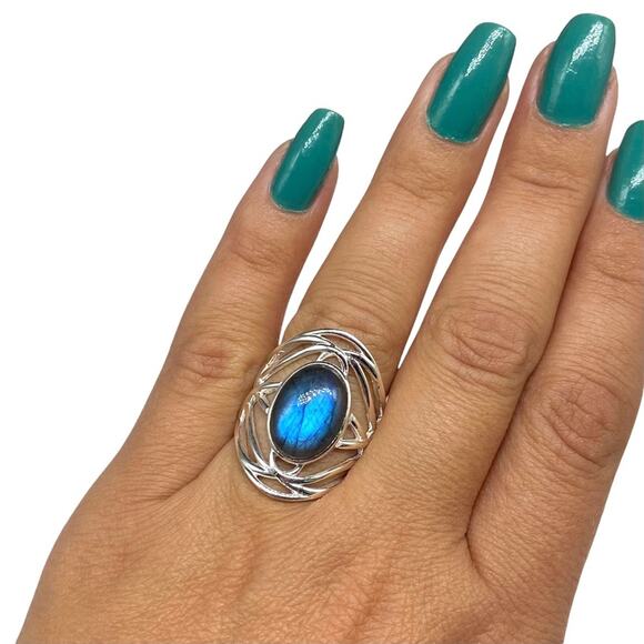 Labradorite Ring Size 6 Solid 925 Sterling Silver Oval Boho Statement Blue Flash - Picture 3 of 10